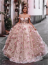 A Line Off The Shoulder Floral Pink Tulle Lace Up Prom Dresses LBQ2741